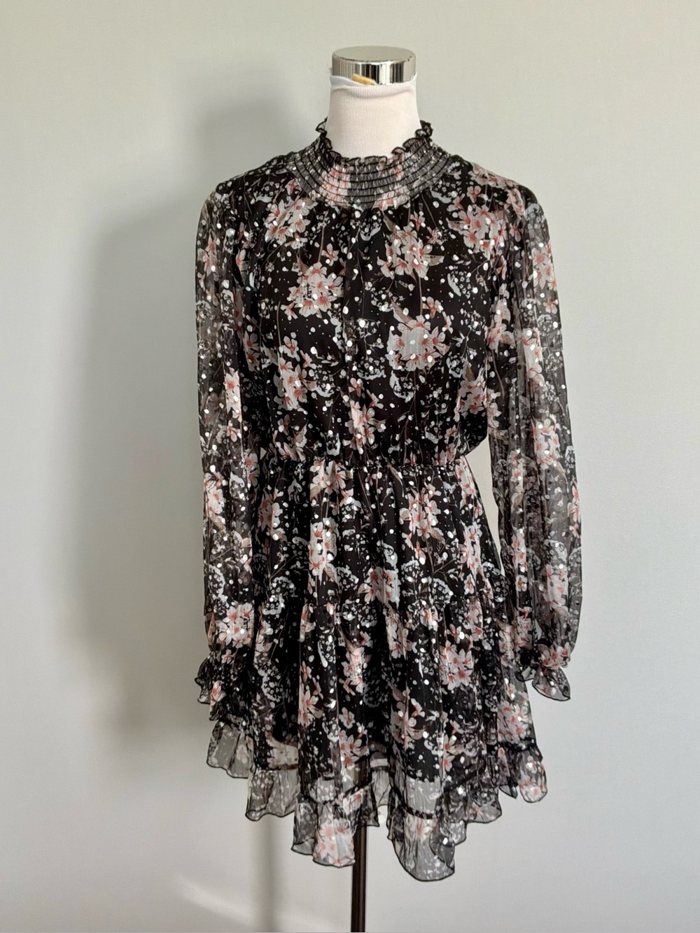 O.P.T. Black Floral Chiffon Mini Dress Smocked Mock Neck Long Sleeve Ruffle M